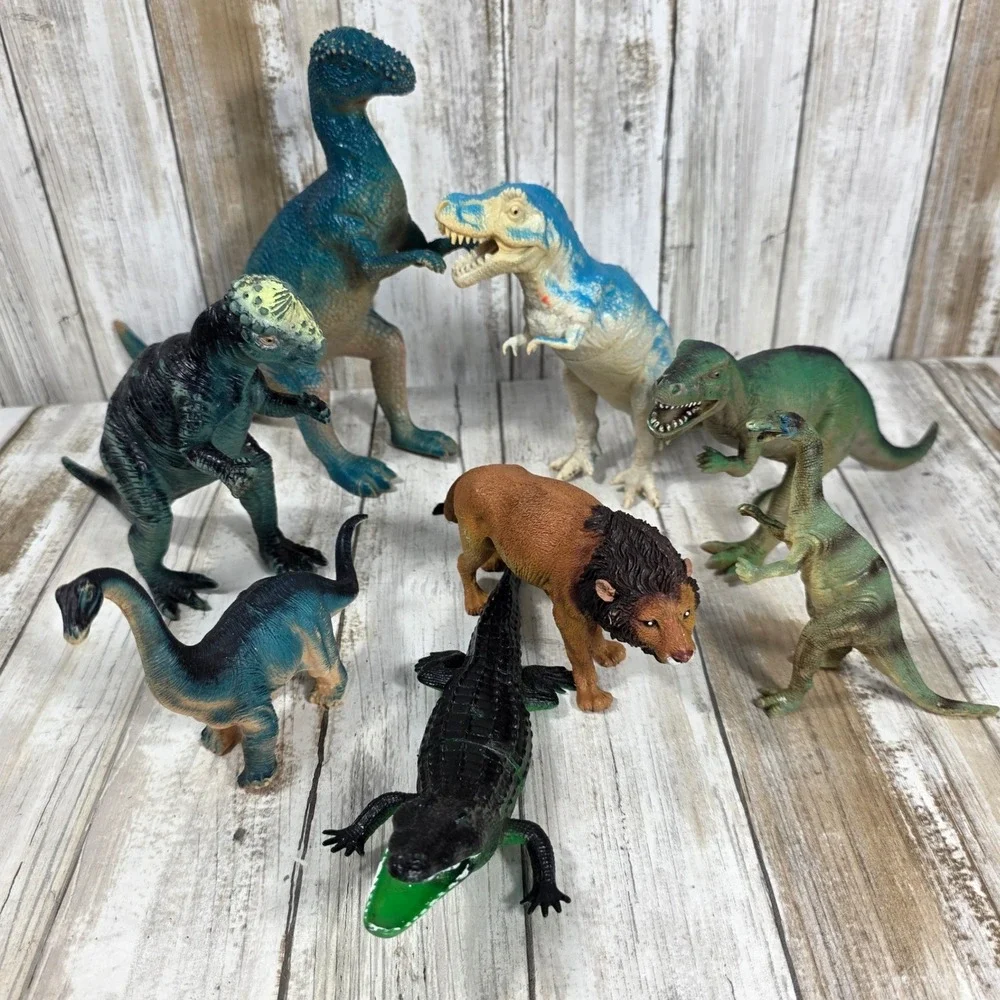 Vintage Style Dinosaur and Wild Animal Toy Figure Lot T-Rex Lion Crocodile 8pc